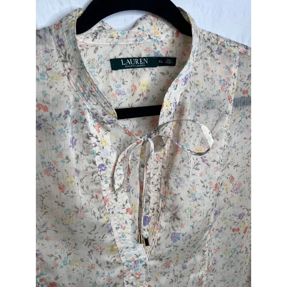 Lauren Ralph Lauren XL Floral Silky Feminine English Garden Peasant Blouse Sheer